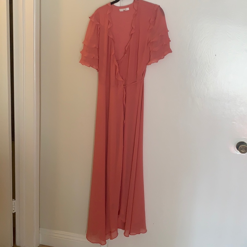 Pink ruffled chiffon wrap dress (1930s style)